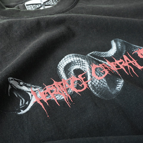 HGS Snake Boxy T-Shirt Washed Black graphic close-up view, vintage tattoo-inspired tee by Heritage General Store