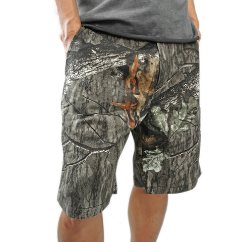 Close-up of HGS Woodland Utility Shorts woodland camouflage fabric and stitching