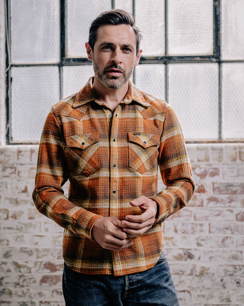 12oz Slubby Heavy Flannel Check Western Shirt IHSH399-ORA - Orange