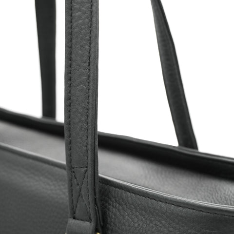 Close-up of Handmade Black Fullgrain Tumbled Cowhide Leather Totebag, handmade by Obbi Good Label Singapore