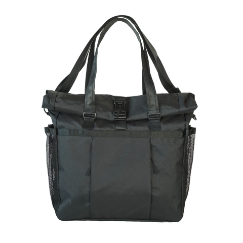 Black roll-top tote bag made from ECOPAK sailcloth with Fidlock magnetic closure by Obbi Good Label