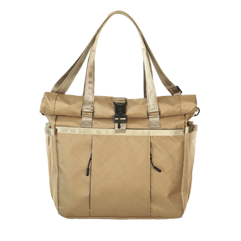 Gold roll-top tote bag made from ECOPAK sailcloth with Fidlock magnetic closure by Obbi Good Label