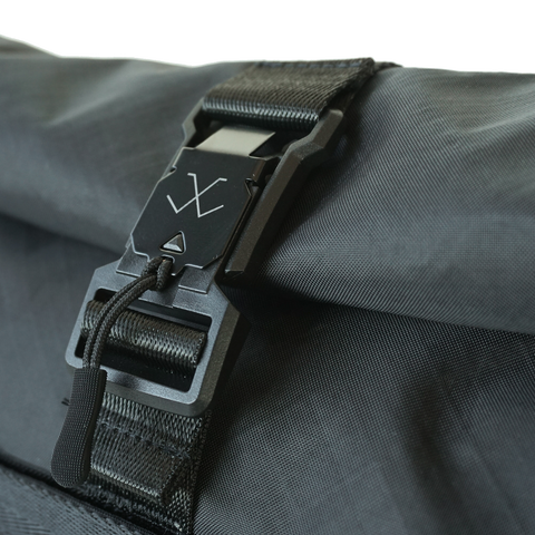 XTAC Black roll-top hobo bag featuring ECOPAK sailcloth and Fidlock closure, designed by Obbi Good Label