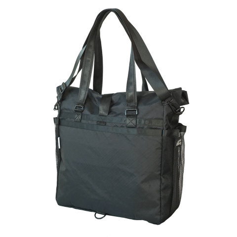 Black roll-top tote bag made from ECOPAK sailcloth with Fidlock magnetic closure by Obbi Good Label