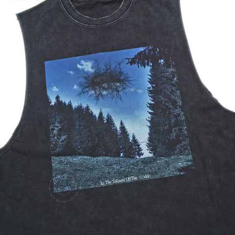 Close-up original silkscreen landscape artwork on HGS Outpost Vintage Cut-Off Tee