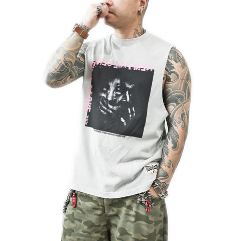 HGS Outpost Vintage Cut-Off Tee vintage grey washed sleeveless graphic T-shirt with silkscreen artwork model wearing