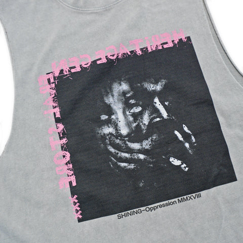 Close-up original silkscreen portrait artwork on HGS Outpost Vintage Cut-Off Tee