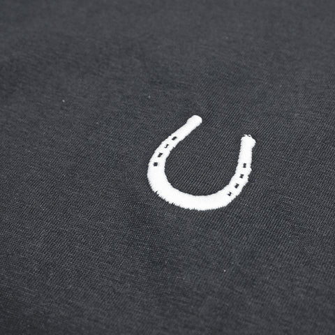 Close-up embroidered horseshoe chest logo on HGS Standard Logo Tee black