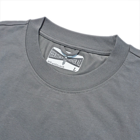 Close-up tonal Heritage General Store grey cotton T-shirt ribbed neckline