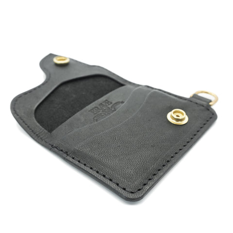 Handmade horsehide leather cardholder concho snap black full grain detail view by BRAVE, Obbi Good Label