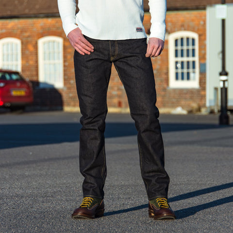 14oz Selvedge Denim Sederhana/Tinggi Seluar Jeans Potongan Tirus IH888S-142 - Indigo