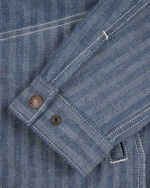 Iron Heart IHJ-164-BLU herringbone work jacket 10.5oz selvedge denim jeans available at Rugged Gentlemen Shoppe