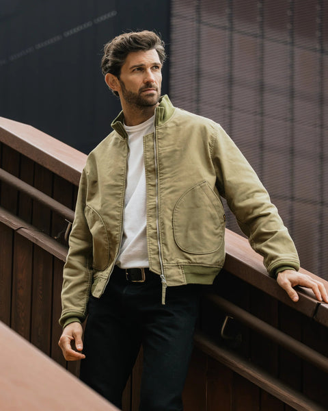 Iron Heart IHM-52-KHA 12oz Whipcord Tanker Jacket in Khaki on model in natural lighting