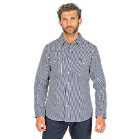 Iron Heart IHSH-07-IND hickory stripe western shirt front view model wearing in Rugged Gentlemen Shoppe Singapore