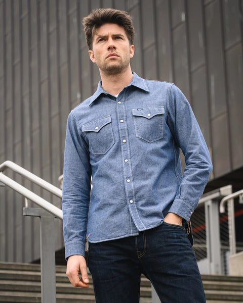 Iron Heart 10oz IHSH-13-BLU selvedge chambray western shirt available at Rugged Gentlemen Shoppe