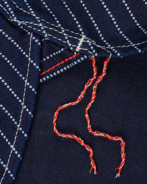 Iron Heart IHSH-227-IND 12oz CPO Wabash Shirt close-up chainstitch run-offs view in Rugged Gentlemen Shoppe
