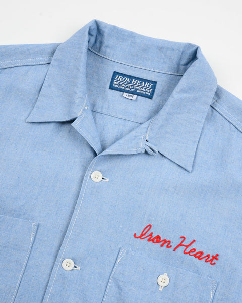 Iron Heart IHSH-447-SAX cotton linen open collar short sleeve shirt in sax blue in 5oz available at Rugged Gentlemen Shoppe