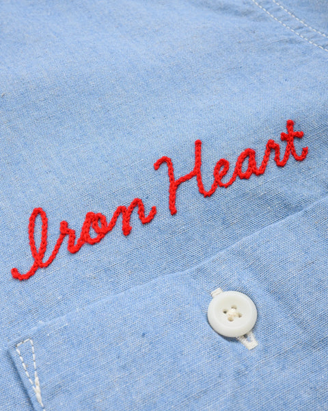 Iron Heart IHSH-447-SAX cotton linen open collar short sleeve shirt in sax blue in 5oz available at Rugged Gentlemen Shoppe