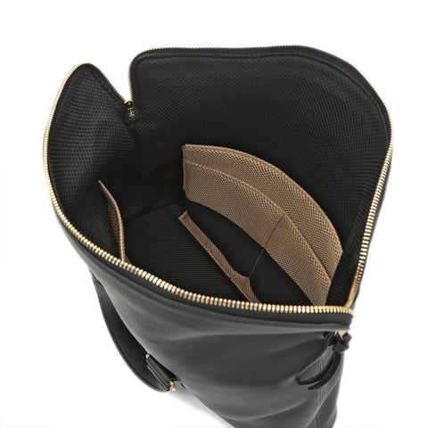 Interior of OGL leather laptop briefcase with padded compartments and storage pockets