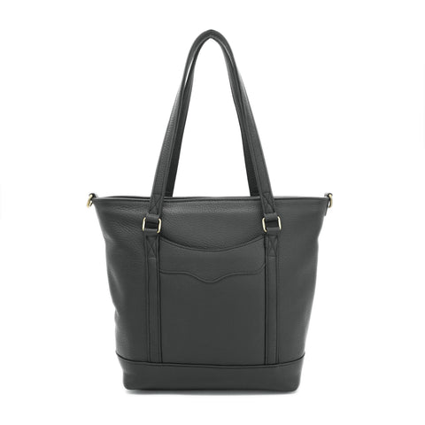 Handmade black leather tote bag with clean minimalist design for work and everyday carry