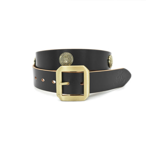 Obbi Good Label Single-Prong Concho Belt in hand-dyed black vegetable-tanned leather with solid brass conchos and brass garrison buckle