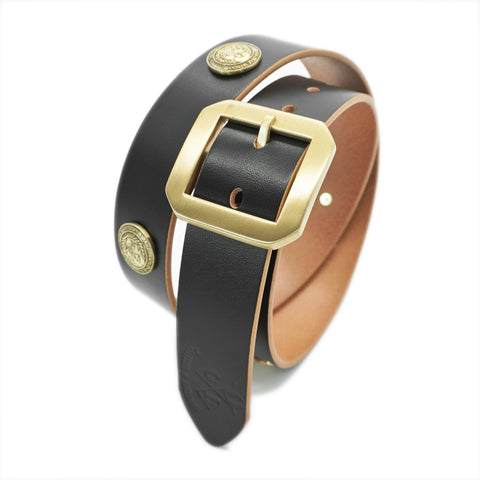 Obbi Good Label Single-Prong Concho Belt in hand-dyed black vegetable-tanned leather with solid brass conchos and brass garrison buckle