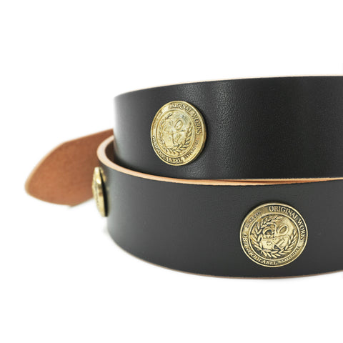 Obbi Good Label Single-Prong Concho Belt in hand-dyed black vegetable-tanned leather with solid brass conchos and brass garrison buckle