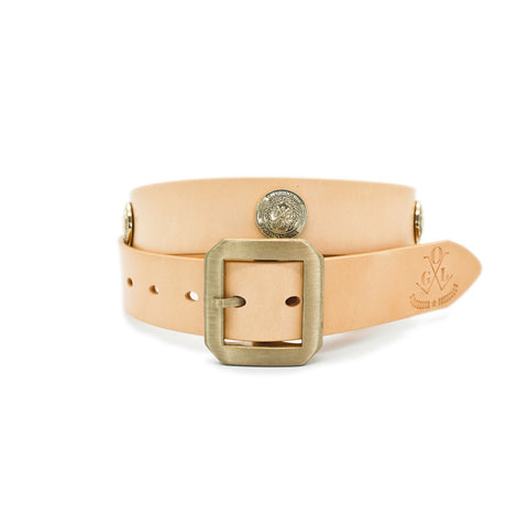 Obbi Good Label Single-Prong Concho Belt in natural vegetable-tanned leather with solid brass conchos and brass garrison buckle