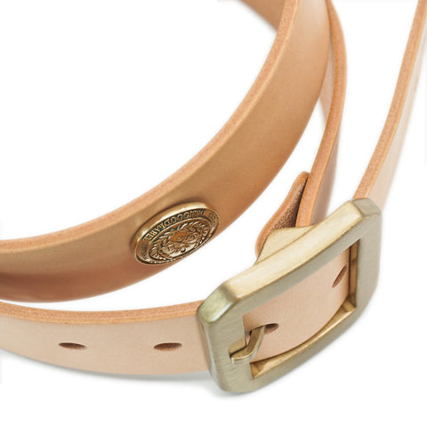 Obbi Good Label Single-Prong Concho Belt in natural vegetable-tanned leather with solid brass conchos and brass garrison buckle
