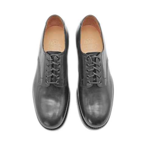 OGL BRAVE black Italian horsehide Derby shoes made by Goodyear welted construction from top view