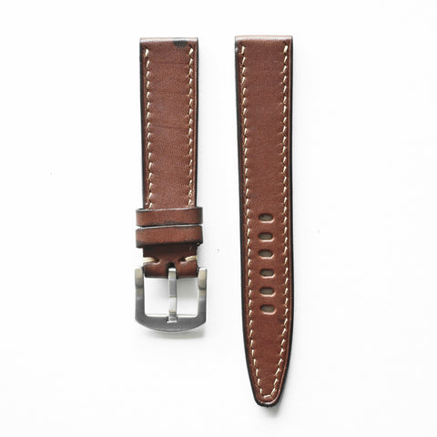 Hand-stitched Buttero leather watch strap handmade by Obbi Good Label using traditional saddle stitching techniques