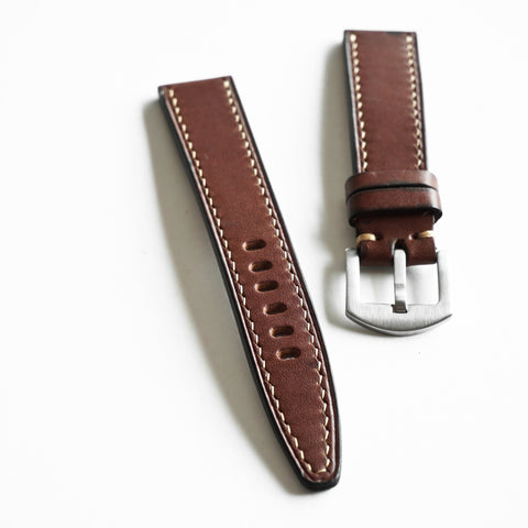 Hand-stitched Buttero leather watch strap handmade by Obbi Good Label using traditional saddle stitching techniques