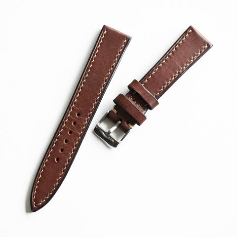 Traditional hand saddle stitching on Italian Buttero leather watch strap by Obbi Good Label