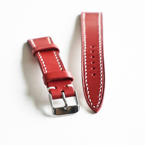 Traditional hand saddle stitching on Italian Buttero leather watch strap by Obbi Good Label