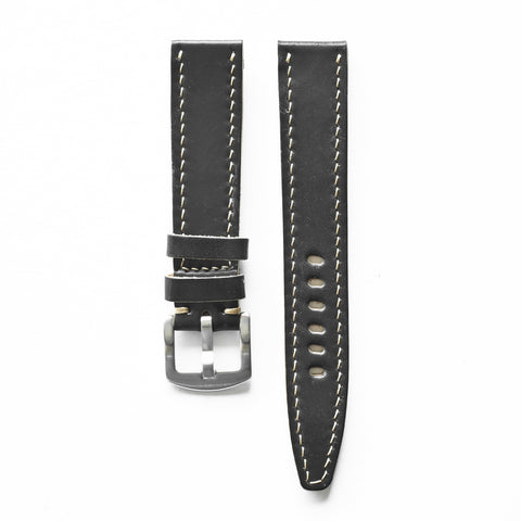 Hand-stitched Horween Shell Cordovan Black watch strap handmade by Obbi Good Label using traditional saddle stitching techniques