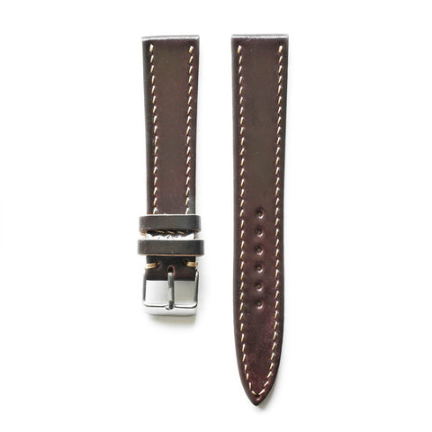 Hand-stitched Horween Shell Cordovan no. 8 watch strap handmade by Obbi Good Label using traditional saddle stitching techniques