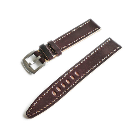 Hand-stitched Horween Shell Cordovan watch strap handmade by Obbi Good Label using traditional saddle stitching techniques