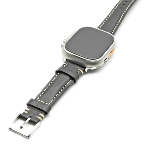Japanese Shinki Hikaku shell cordovan Apple Watch strap handmade by Obbi Good Label for Apple Watch and Apple Watch Ultra, showing straps installed on Apple Watches