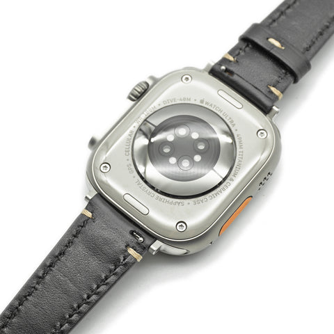 Japanese Shinki Hikaku shell cordovan Apple Watch strap handmade by Obbi Good Label for Apple Watch and Apple Watch Ultra, showing straps installed on Apple Watches