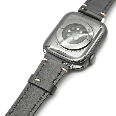 Japanese Shinki Hikaku shell cordovan Apple Watch strap handmade by Obbi Good Label for Apple Watch and Apple Watch Ultra, showing straps installed on Apple Watches