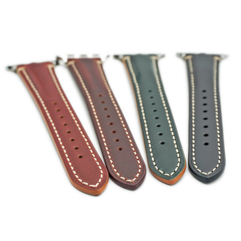 Japanese Shinki Hikaku shell cordovan Apple Watch strap handmade by Obbi Good Label for Apple Watch and Apple Watch Ultra showing stitching details