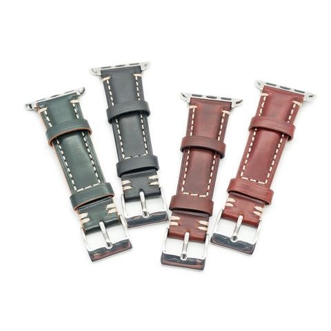 Japanese Shinki Hikaku shell cordovan Apple Watch strap handmade by Obbi Good Label for Apple Watch and Apple Watch Ultra showing buckle detail