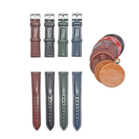 Japanese Shinki Hikaku shell cordovan watch straps by Obbi Good Label available in black, cognac, emerald green and navy blue
