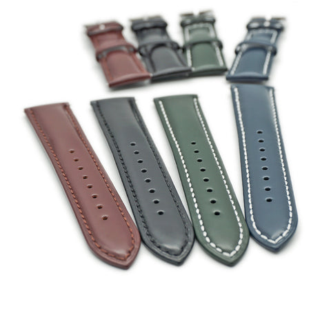 Japanese Shinki Hikaku shell cordovan watch straps by Obbi Good Label available in black, cognac, emerald green and navy blue showing stitching details