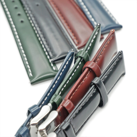 Japanese Shinki Hikaku shell cordovan watch straps by Obbi Good Label available in black, cognac, emerald green and navy blue showing edge finish details