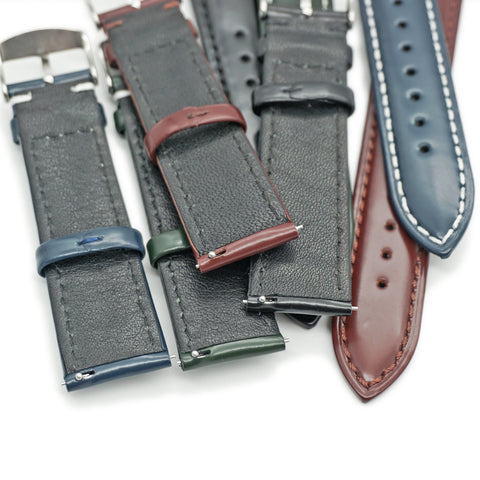 Japanese Shinki Hikaku shell cordovan watch straps by Obbi Good Label available in black, cognac, emerald green and navy blue showing underside details