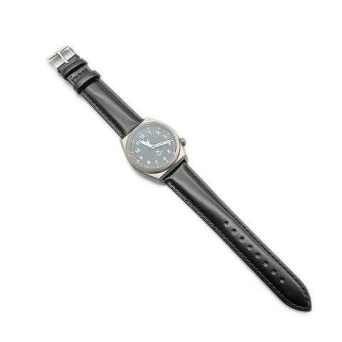 Japanese Shinki Hikaku shell cordovan watch straps by Obbi Good Label available in black, installed on OGL autOGLAtic Field Watch example.