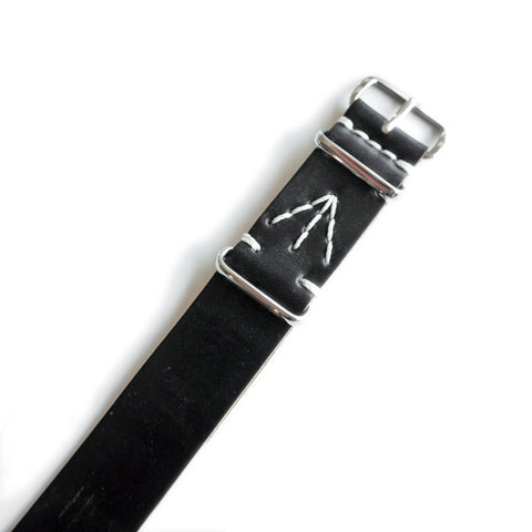 Black Horween Shell Cordovan NATO watch strap showing hand-stitching details from the OGL Squadron Straps Halifax collection