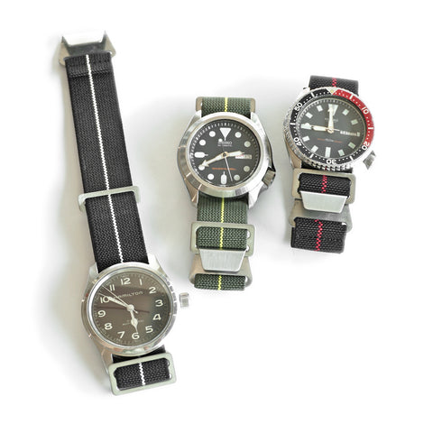 Obbi Good Label Marine Nationale Parachute Watch Strap available in black/red, olive/yellow, black/white installed on Seiko and Hamilton field watches.