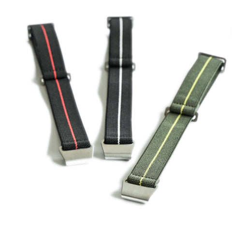 Obbi Good Label Marine Nationale Parachute Watch Strap available in black/red, olive/yellow, black/white showing close-up on the metal buckle